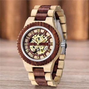 Men's Wooden Watch Skeleton Automatic Movement Wood Watch Self-Winding Watches